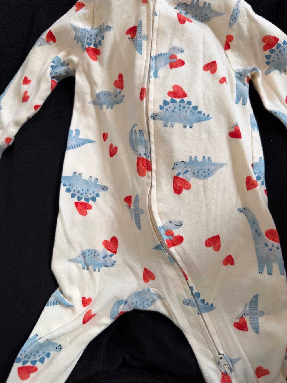 Old Navy White One-Piece Footie with Blue Dinosaurs and Red Hearts